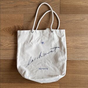 Rothy's Cream Canvas Tote with Blue Script